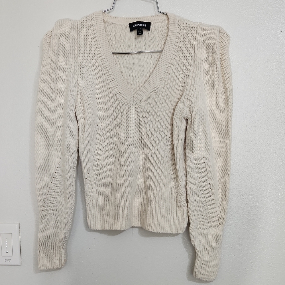 Express Cream V-Neck Sweater
